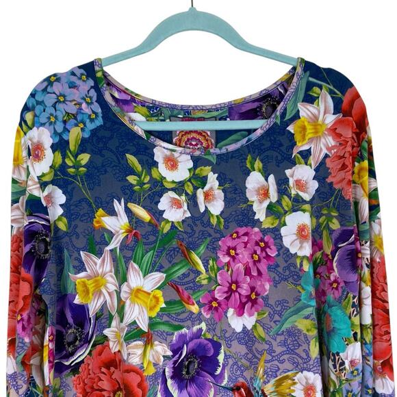 Johnny Was Sz M Sunrise Favorite Top Floral Hummingbird Colorful Bright Bamboo - Picture 4 of 16